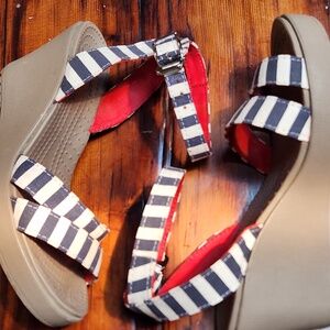 Blue and White Strappy Crocs size 6